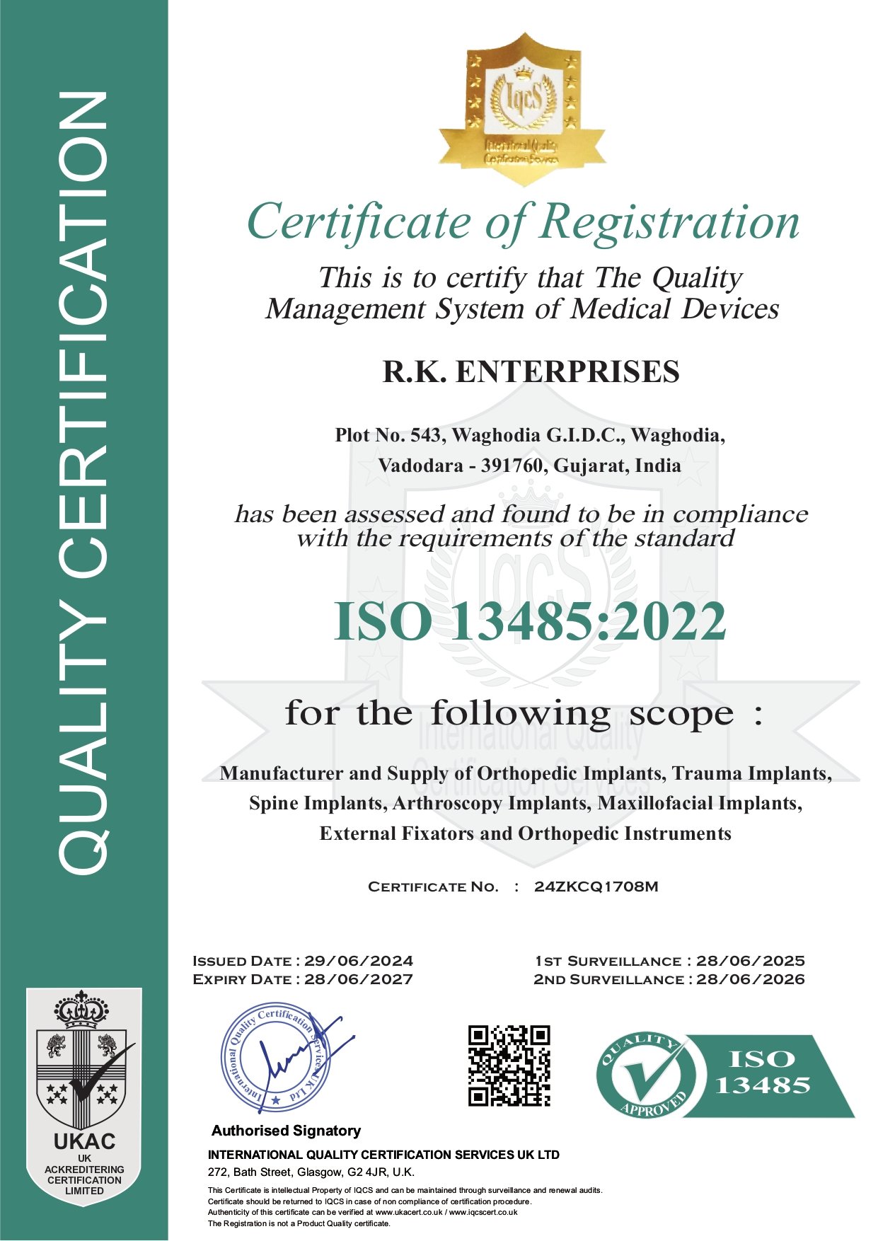 R.K. ENTERPRISES ISO QUALITY CERTIFICATION 2024 TO 2027